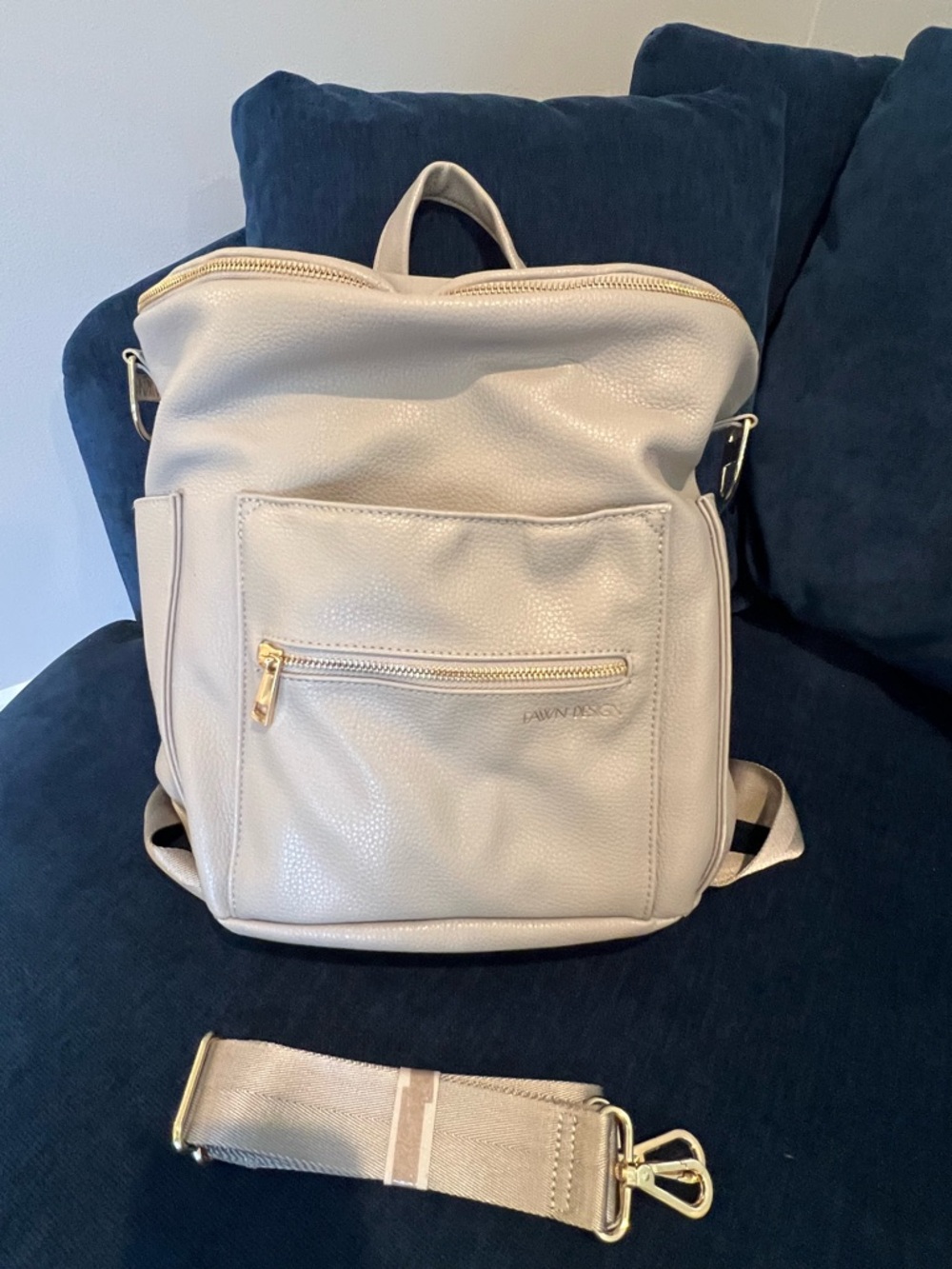Fawn Design Cream/Gray Faux Leather Diaper Bag with Gold Hardware